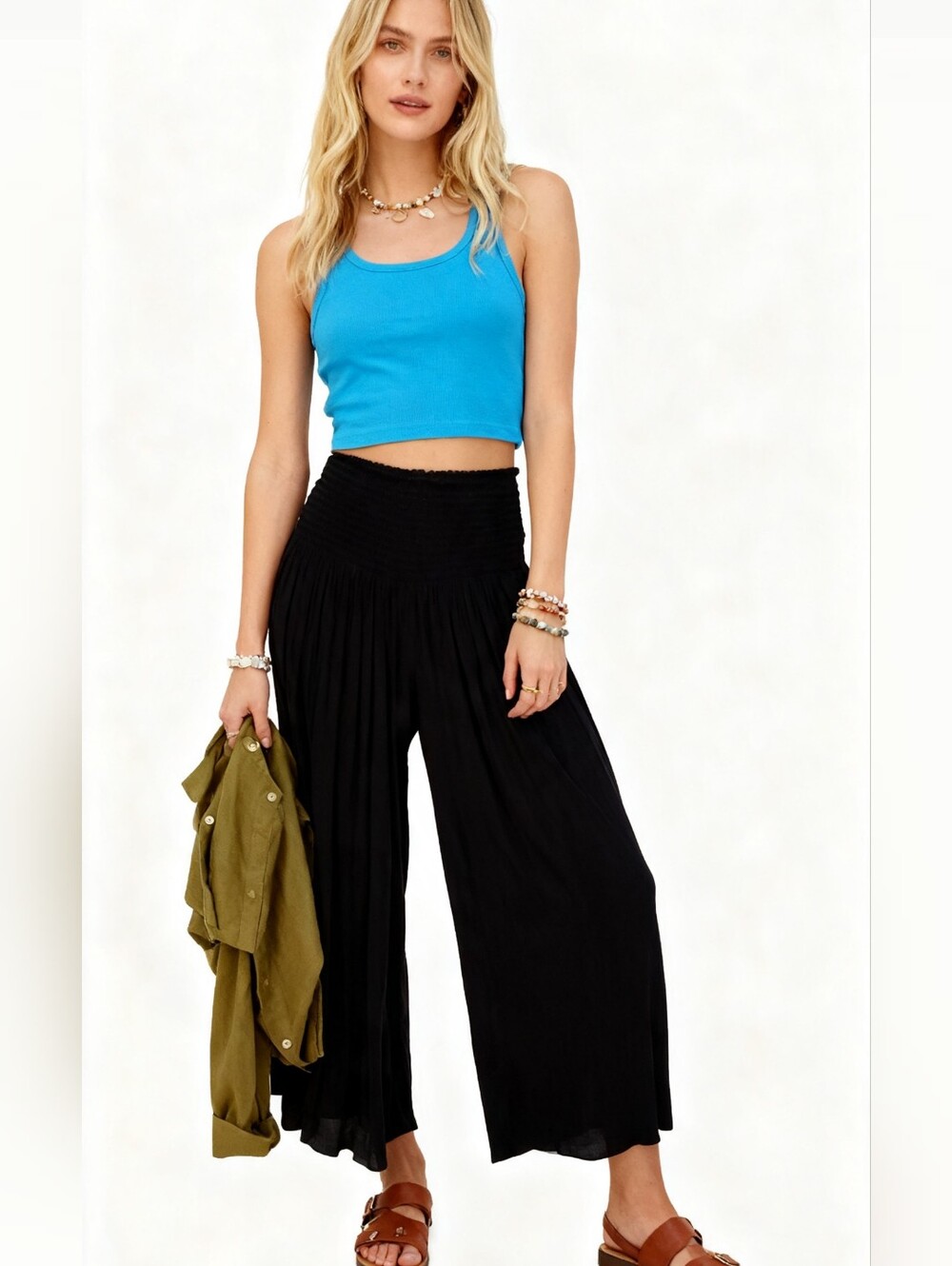 NEW! Natural Life Smocked-Waist Jersey Wide-Leg Pants in Black Size XL